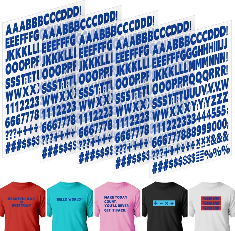 Comkrivy 5 Sheets 830 Pieces Iron on Letters and Numbers for Clothing, 1 Inch Iron on Vinyl Letters with A-Z Heat Transfer Letters 0-9 Iron on Numbers PU Alphabet Stickers for T-Shirt Printing DIY Craft, Blue - Image 1